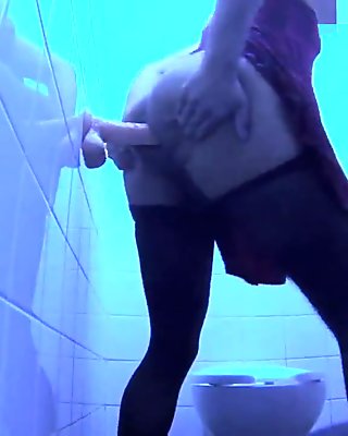 For Horny-Wolfman: Public toilet pantyhose dildo ass fuck
