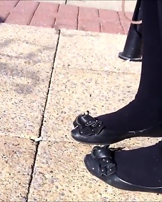 Black pantyhose and flats shoeplay